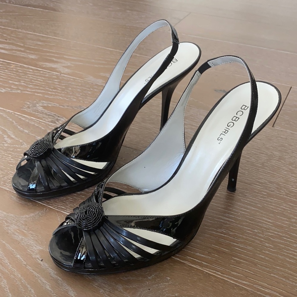 BCBGirls Patent Leather & Leather Peep Sling Back